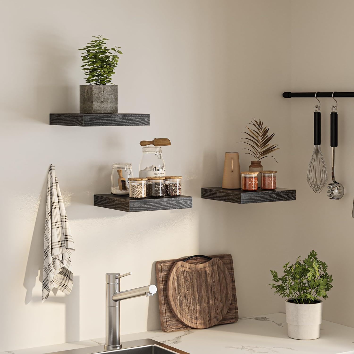 Square Floating Shelves for Wall, 12" W x 12" D x 1.2" H, Small Wooden Wall Mounted Display Shelves with Invisible Brackets for Living Room, Bedroom, Bathroom, Kitchen Decor, Set of 3, Black