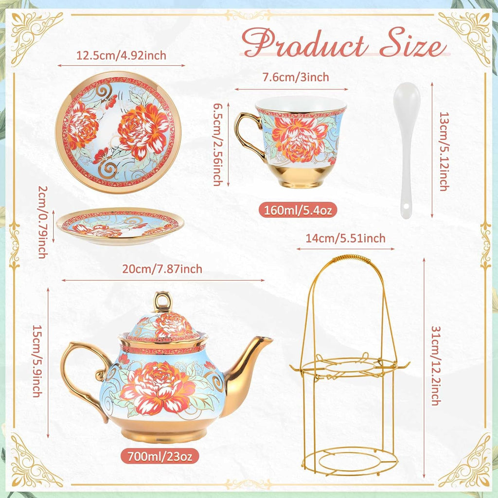 Zhehao 20 Pcs Porcelain Tea Set with Metal Holder and Spoon Adult Ceramic Tea Party Set European Flower Painting Teapot Cup Saucer Spoon Set for Women, Large Version(Retro Style)