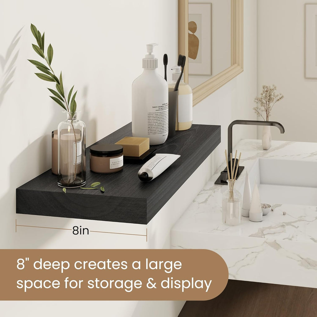 Fun Memories Rustic Real Wood Floating Shelves, 8 Inch Deep Floating Shelf Wall Mounted, 36" W x 8" D Wall Shelves Storage Shelves for Living Room, Bedroom, Bathroom, Black Finish, Set of 2