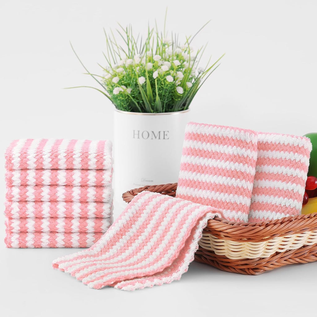 Homaxy 12 Pack Kitchen Dish Cloths, Ultra Soft and Absorbent Dish Towels, Reusable Fast Drying Microfiber Cleaning Cloth, Coral Velvet Wave Design No-lint, 10 x 10 inches, Pink