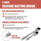 Kitchen Basting Brush, 18/0 Stainless Steel Set of 2 for Grilling & Cooking - 7.5 Inch Precision & 12 Inch Reach Grill Brushes with 480°F Heat Resistant Bristles - Silicone Brush, Pastry, BBQ Brush
