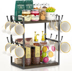 EsLuker.ly Coffee Station Bar Organizer Mug Holder Stand Countertop, 2 Tier Mug Cup Tree Rack for Kitchen Office, Storage Shelf with 12 Hooks, Creat Stylish Coffee Corner, Brown-Black