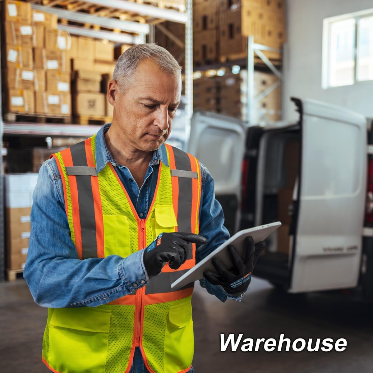 KAYGO Safety Work Gloves PU Coated for Men and Women, 12 Pairs KG11PB, Seamless Knit Glove with Two Fingers Touchscreen, breathable and lightweight Ideal for General Duty Work (Large,Black)