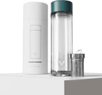 Glass Multi Tea Infuser Bottle 14oz - Double Wall Borosilicate Glass Flask | No Plastic Touches Contents | Perfect for Office or Home - Dark Green