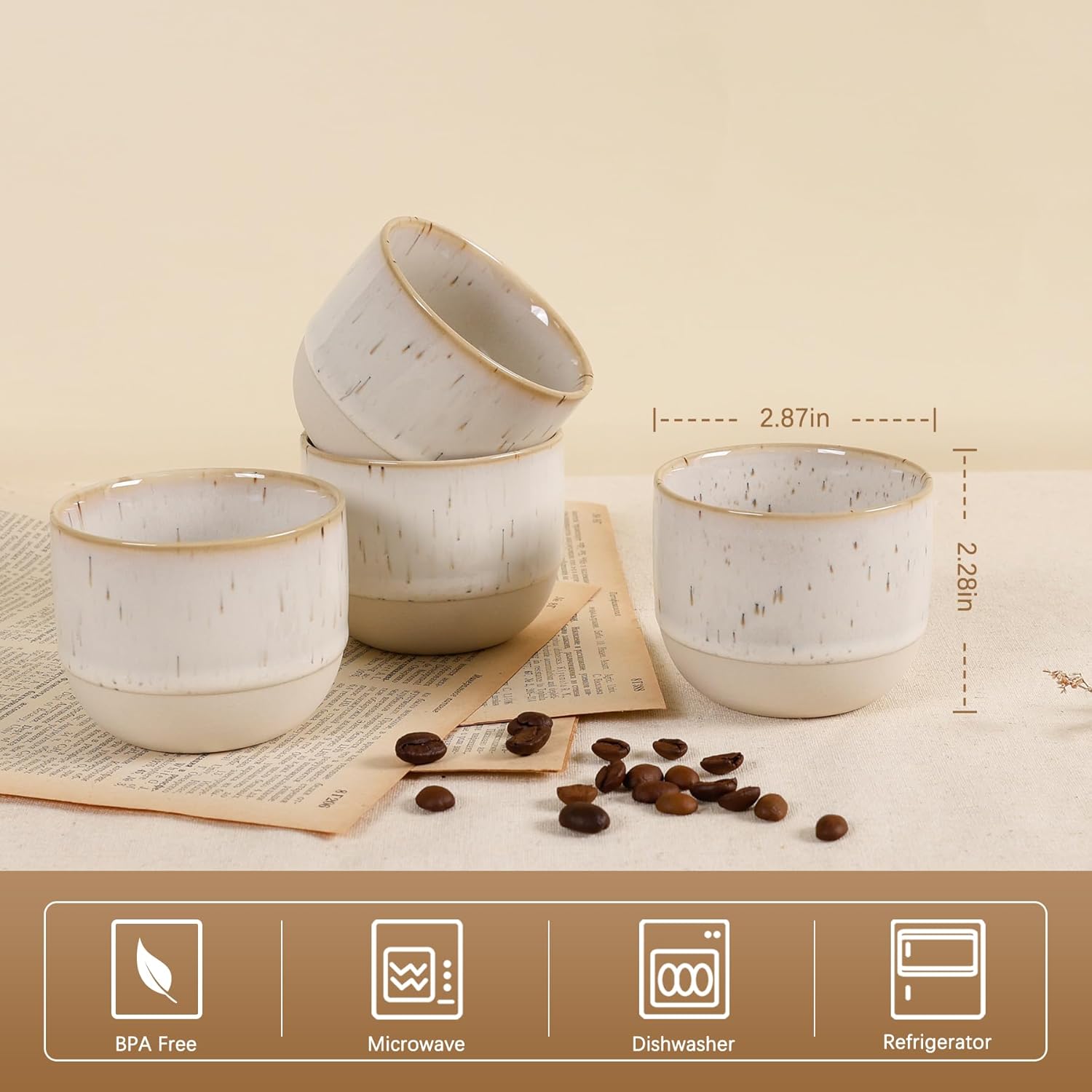 Ceramic Espresso Cups Set of 4, Double Walled Espresso Coffee Mugs for Nespresso Cups, Special glazed Demitasse Cups Expresso Coffee Cup for Espresso Machine (White)