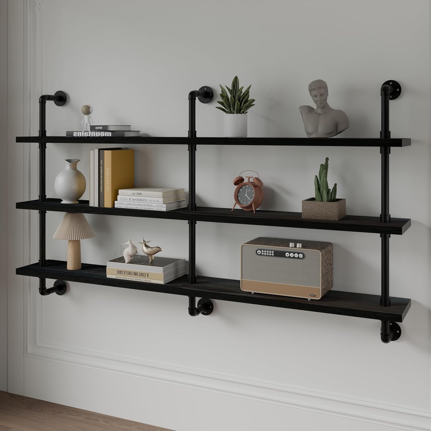 Industrial Pipe Shelving Rustic Black Pipe Wall Shelves Industrial Shelves with Wood Planks Floating Shelves 60 Inch Farmhouse Bathroom,Kitchen Shelving Wall Mounted