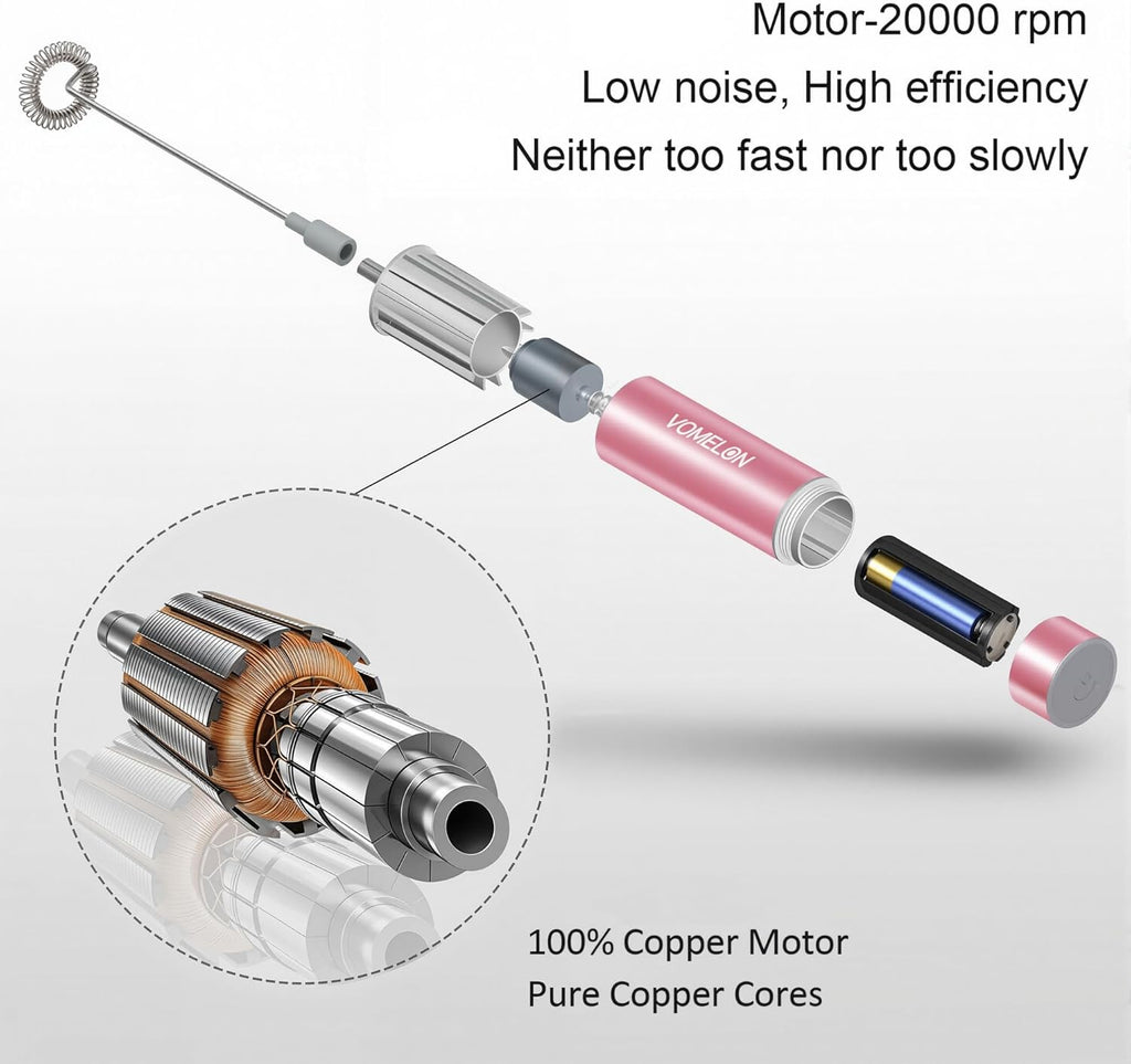 Electric Milk Frother Handheld,Travel Coffee Drink Mixer Batteries Included, 304 Stainless Steel Whisk for latte Cappuccino,Bulletproof Coffee Hot Chocolate,Egg Rose Pink