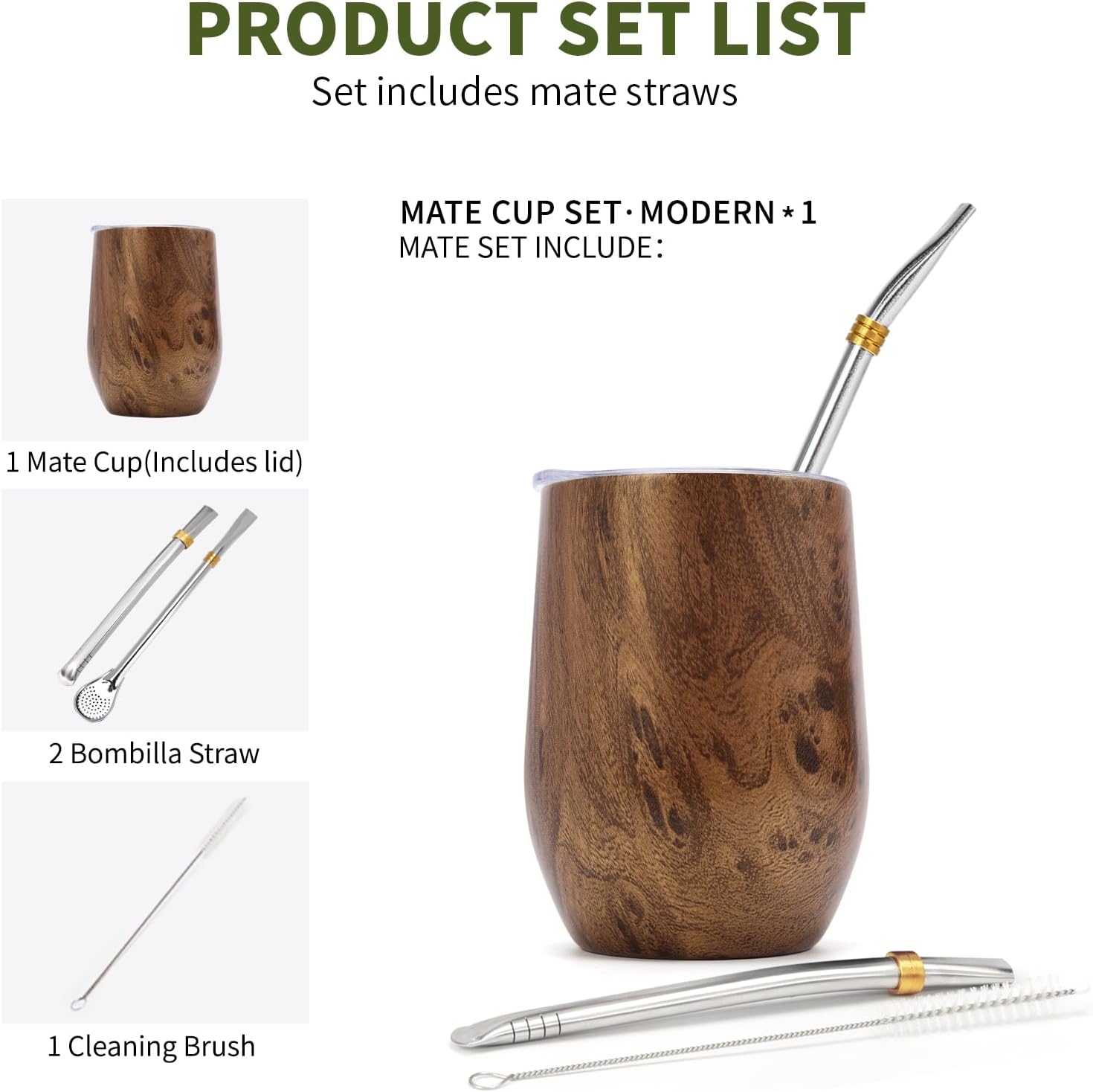 Yerba Mate Cup with Lid, 2 Bombillas, Cleaning Brush, 11.8oz Stainless Steel Double-Wall Insulated Gourd (Wood)