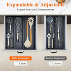 Bamboo Kitchen Tool Drawer Organizer Storage Black Cutlery Tray Expandable Silverware Drawer Divider Organizers Large Cooking Utensil Holder for Drawers Spoon Flatware Organizer Silverware Trays
