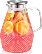 Glass Pitcher with Lid and Spout, veecom 80oz Water Pitchers for Drinks, Large Glass Jug for Juice, Lemonade, Beverage, Iced Tea Pitcher for Fridge, Heat Resistant Water Carafe with Brush