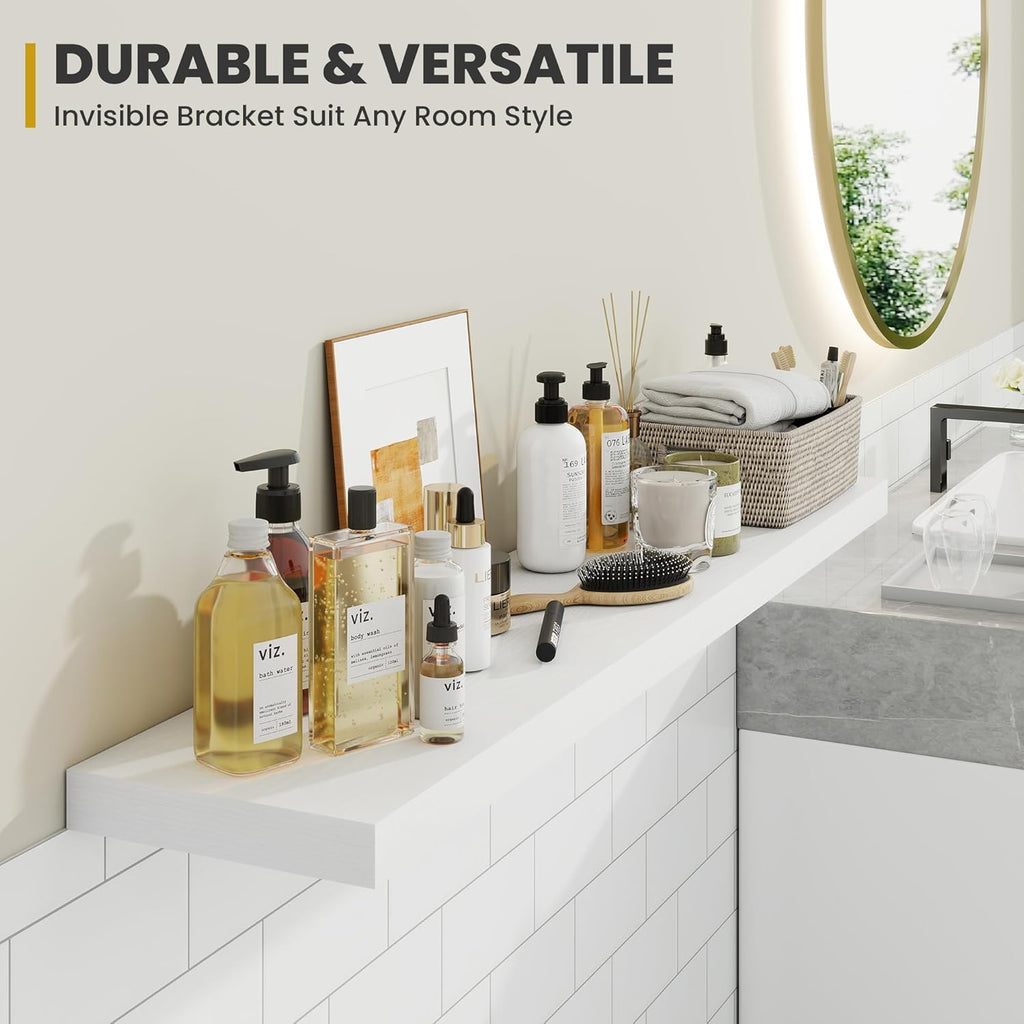 72 Inch Floating Shelves, 9.3" Deep Floating Shelf Wall Mounted, 72" Wall Shelves, Rustic Deep Bookshelf, Large Display Shelves & Storage Shelves for Bedroom, Living Room, White, Set of 1