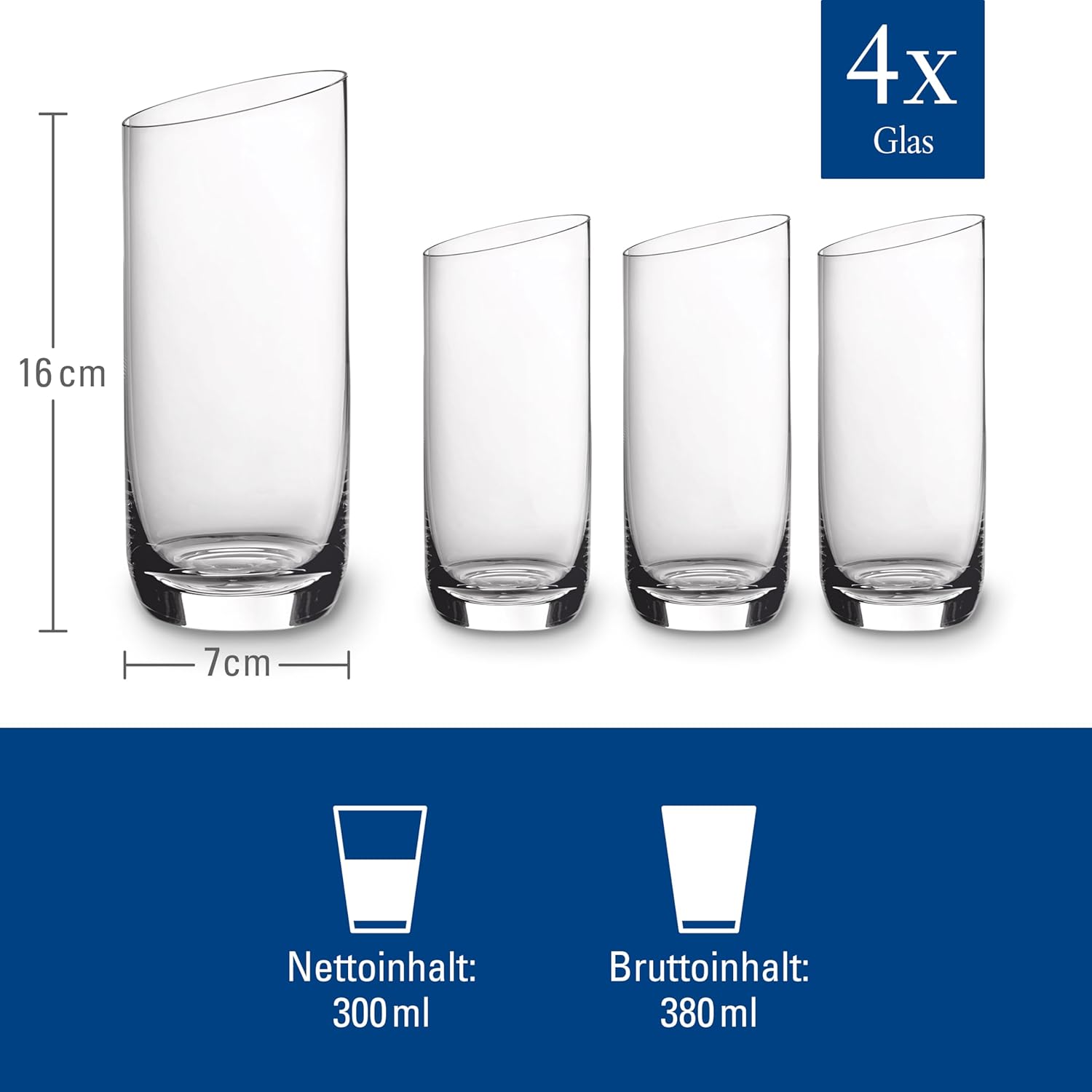Villeroy & Boch New Moon Set, 4 Pieces, Elegant, Modern Sloping Long Drink, Crystal Glass, Transparent, Dishwasher Safe