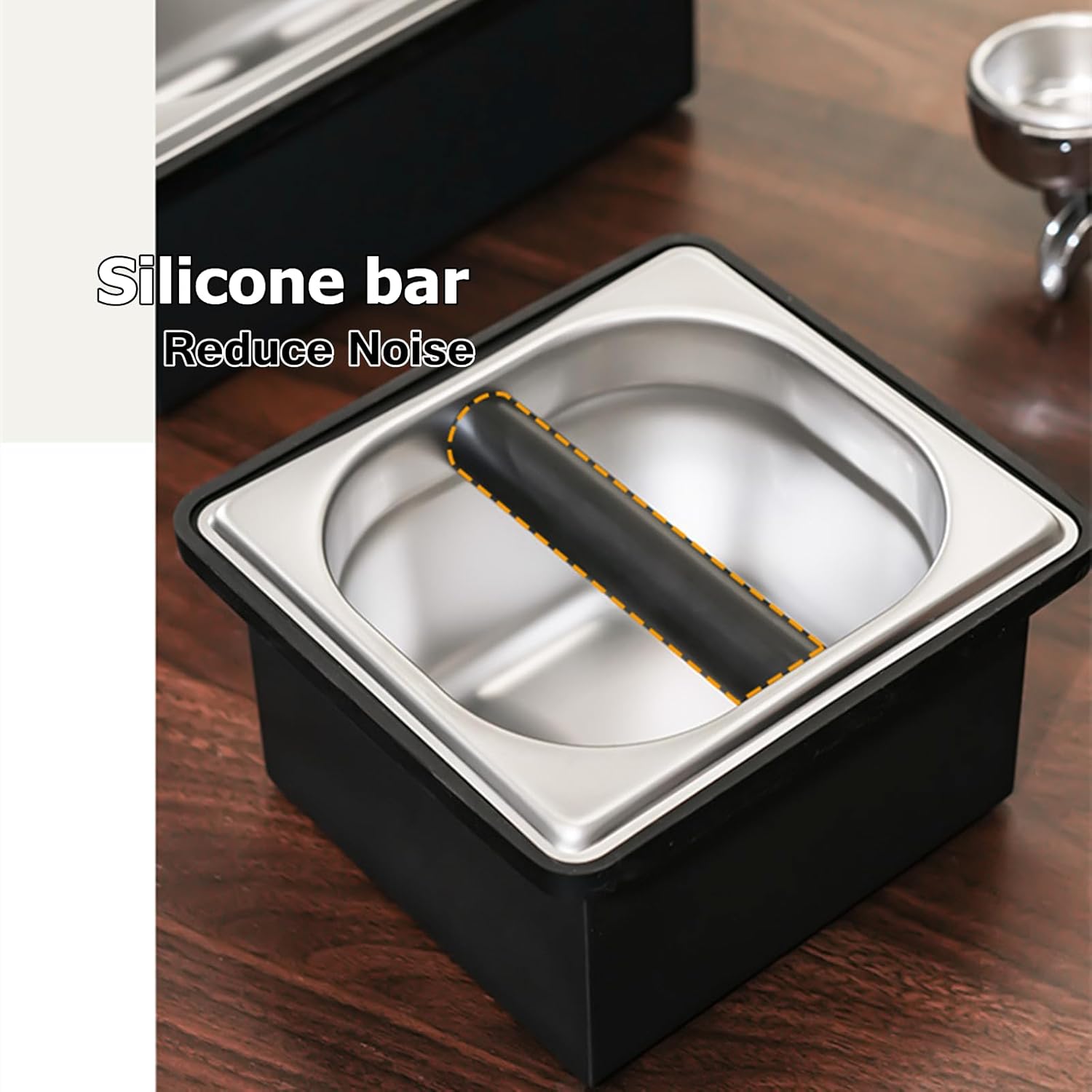Espresso Coffee Knock Box, Stainless Steel Coffee Pucks Container, with Noise Reduction Rubber Ring,Silicone Bar for Knocking Portafilter Filter Grinds