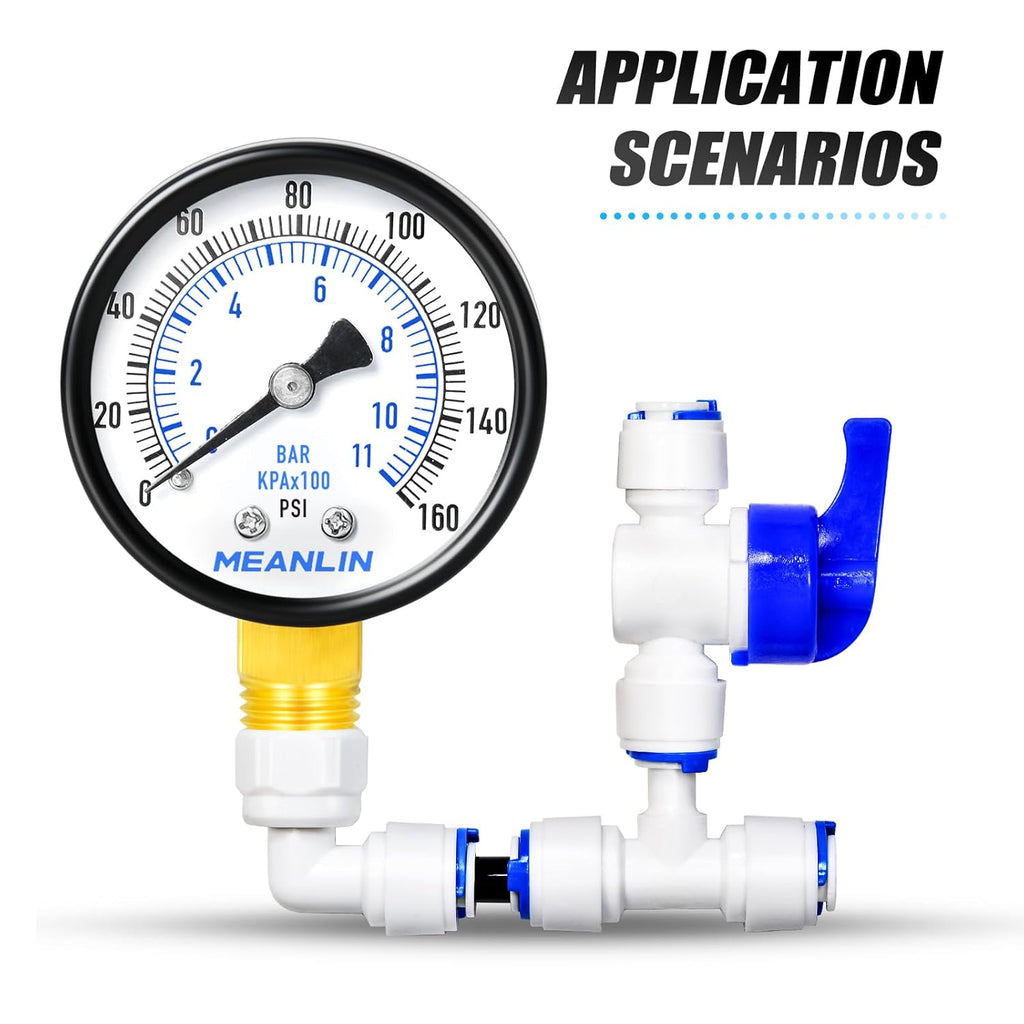 MEANLIN MEASURE 0-160Psi Well Pump Pressure Gauge 1/4" NPT 2" FACE DIAL for Air Compressor RV Regulator Water Pressure Tester Lower Mount, with Teflon Tape