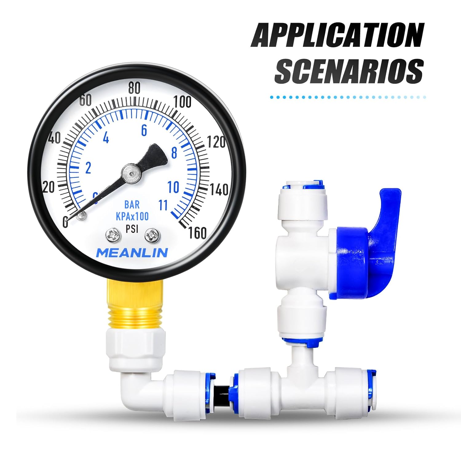 MEANLIN MEASURE 0-160Psi Well Pump Pressure Gauge 1/4" NPT 2" FACE DIAL for Air Compressor RV Regulator Water Pressure Tester Lower Mount, with Teflon Tape