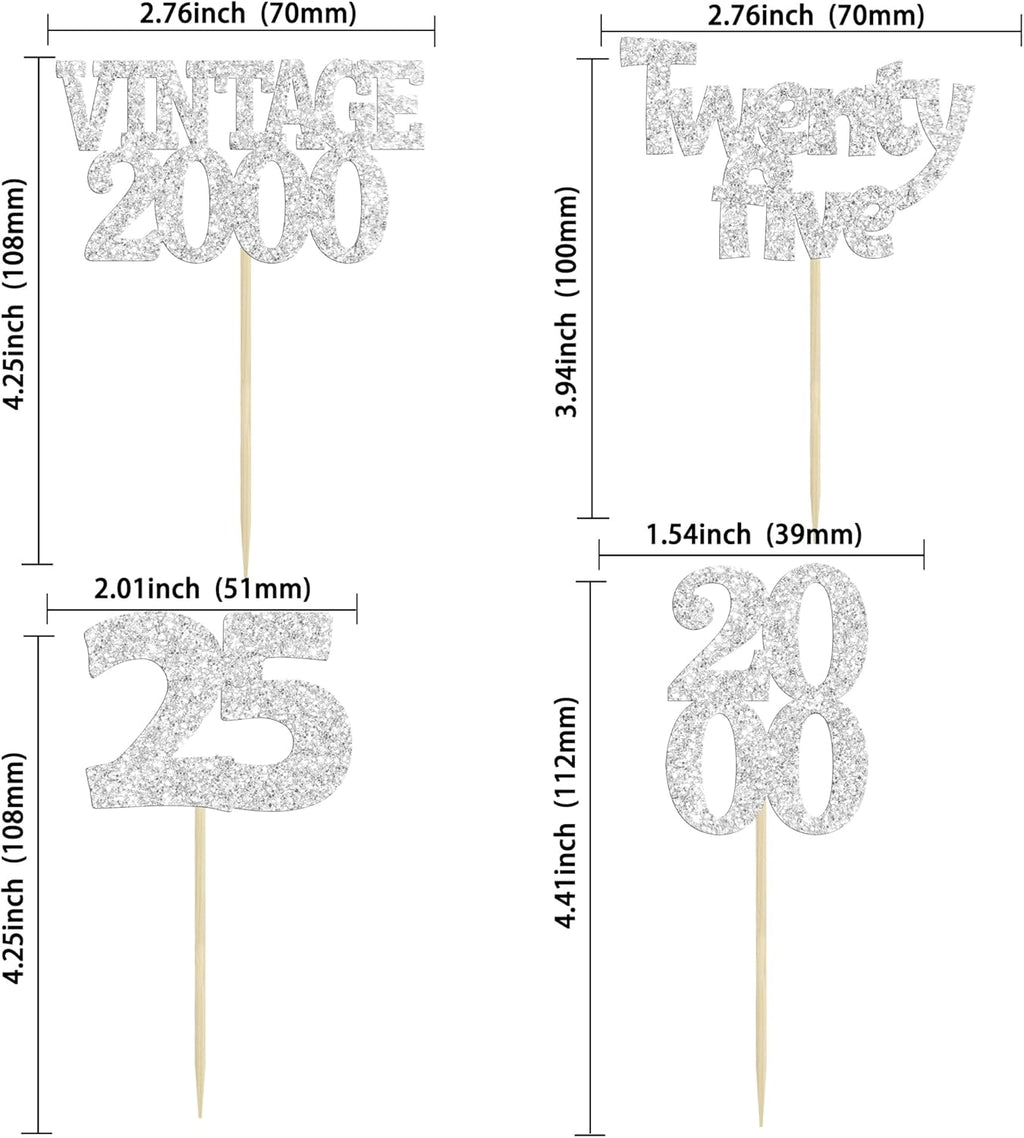 Gyufise 24Pcs 25th Birthday Cupcake Toppers Glitter Twenty-five Vintage 2000 Hello 25 Years Birthday Cupcake Pick Cheers to 25 Cake Decoration for Happy 25th Anniversary Party Supplies Silver