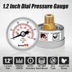 100Psi/700Kpa Mini Pressure Gauge,Stainless Steel Housing,Brass Internal,1.2 Inch Dial,NPT 1/8" Back Mount,Dry Type, Lead-Free Material,for Air,Water,Oil Pressure Test