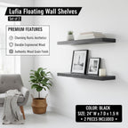 Lufia Floating Wall Shelves, Set of 2, MDF with Invisible Brackets, Modern Storage for Bedroom, Bathroom, Living Room, Kitchen (Black, 24" W x 7" D x 1.5" H)