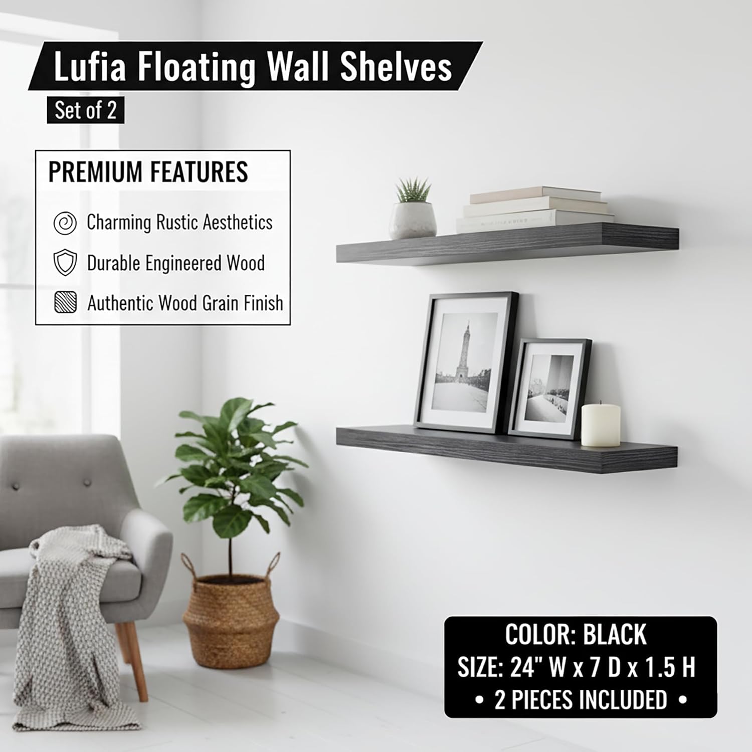 Lufia Floating Wall Shelves, Set of 2, MDF with Invisible Brackets, Modern Storage for Bedroom, Bathroom, Living Room, Kitchen (Black, 24" W x 7" D x 1.5" H)