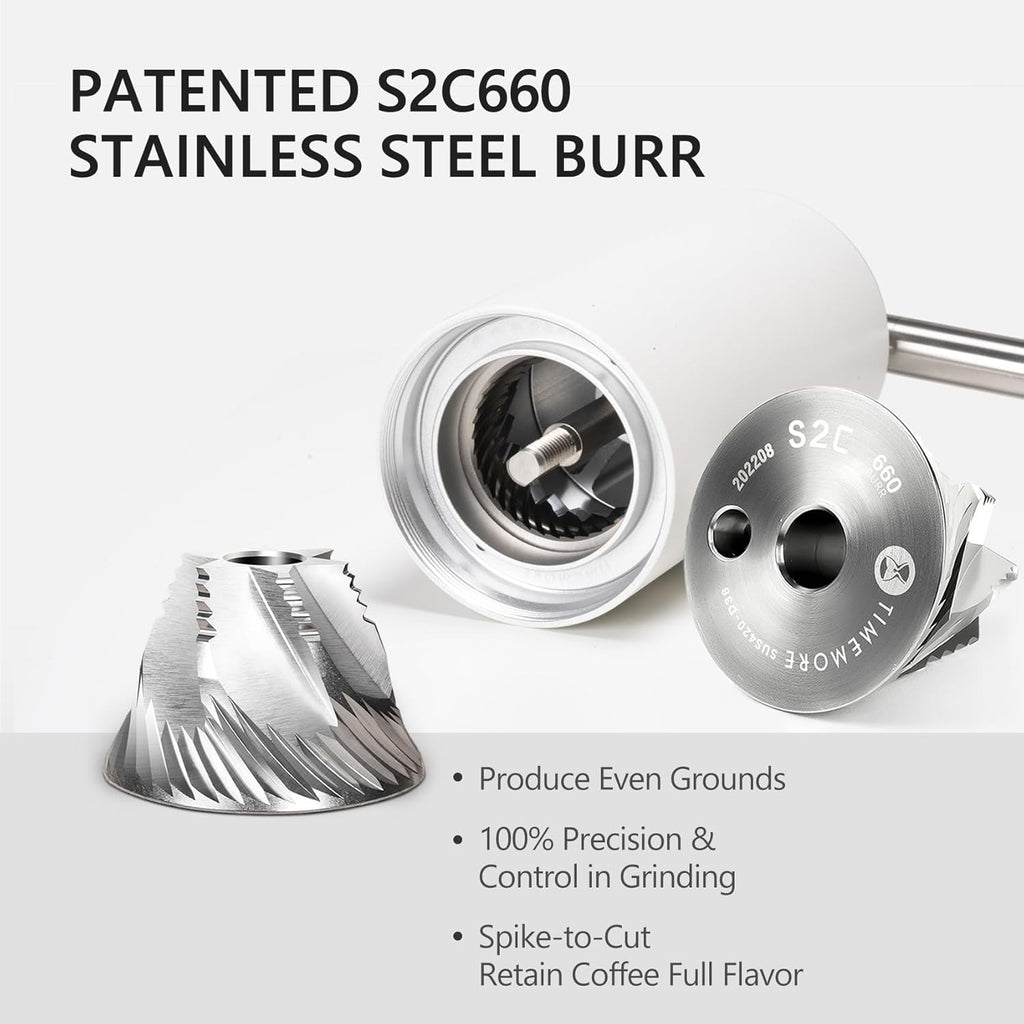 TIMEMORE Chestnut C3S Pro Manual Coffee Grinder, Stainless Steel S2C Conical Burr Coffee Grinder, Hand Coffee Grinder with Foldable Handle, Adjustable Grind Setting for Travel/Camping/Home, White