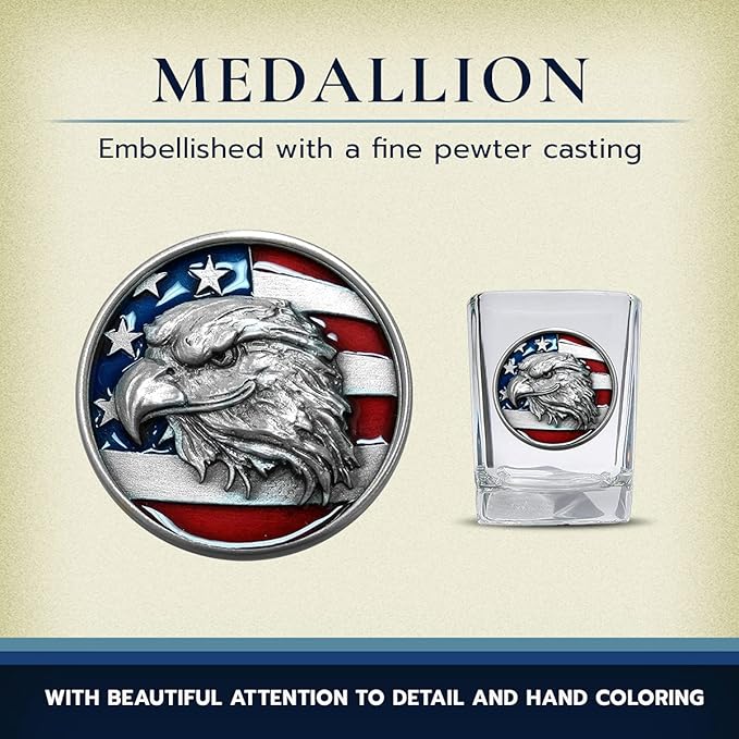 Heritage Pewter Eagle with Flag Square Shot Glass | Hand-Sculpted 1.5 Ounce Shot Glass | Intricately Crafted Metal Pewter Inlay