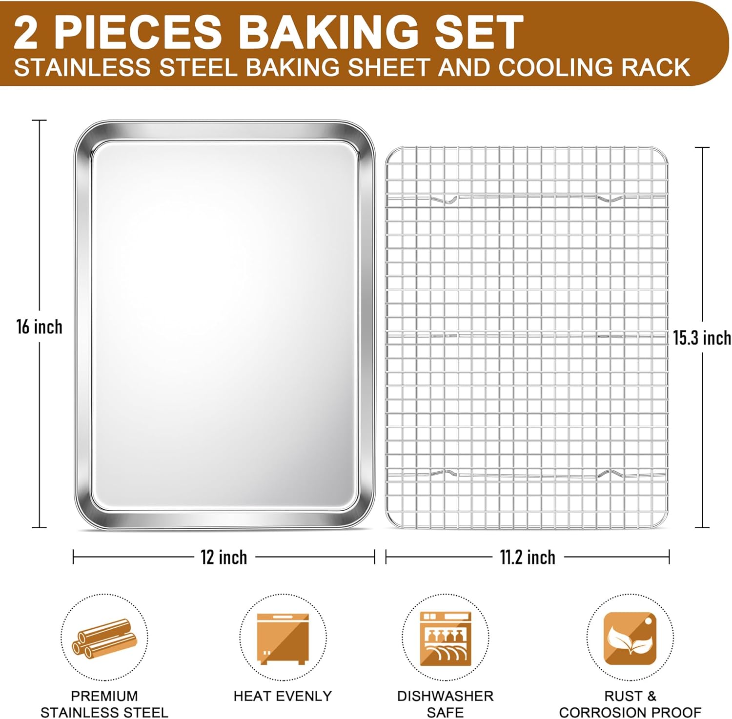 E-far Stainless Steel Baking Sheet with Wire Rack Set, 16” x 12” Cookie Sheet Baking Pan for Oven, Rimmed Large Metal Tray with Cooling Rack for Cooking Roasting, Non-Toxic & Dishwasher Safe