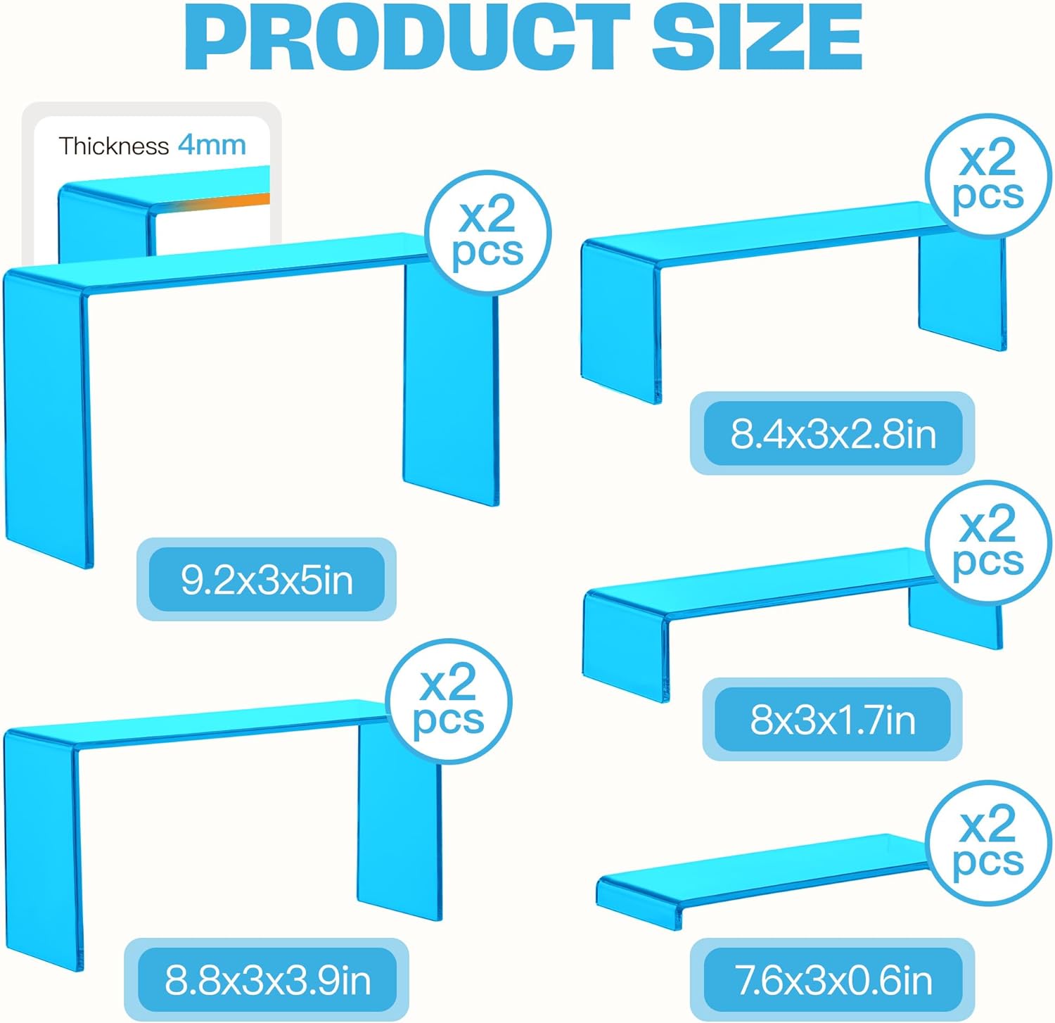 Goabroa Acrylic Display Risers, 2 Sets 10 Pcs Risers Display Stands, Rectangular Acrylic Shelves for Figures, Cupcake, Wine Glass and Handbag display, Transparent Cyan