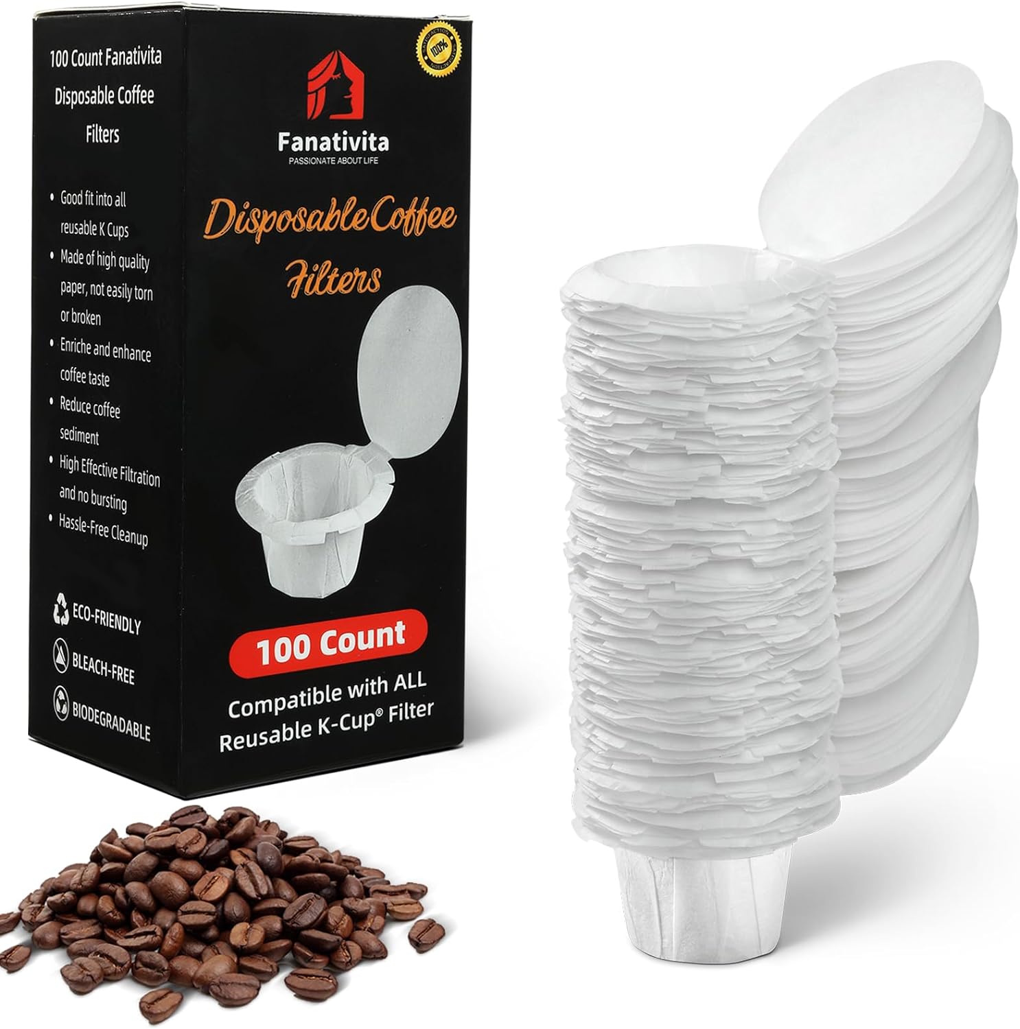 100 Count Fanativita K Cup Filters Disposable with Genius Lid Design, Fit All Reusable K Cups for Keurig (White)