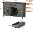 55" Sideboard Buffet Cabinet with Storage, Coffee Bar Cabinet with 2 Drawers and 4 Barn Doors, Long Storage Cabinet Modern Farmhouse, Grey Wood, for Kitchen, Dining Room, Living Room