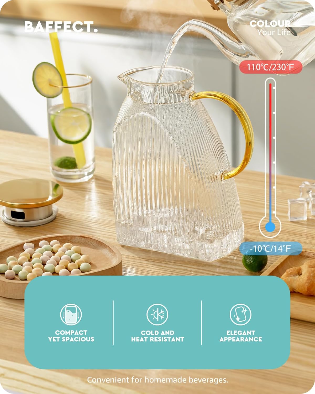 Baffect Water Pitcher, High Borosilicate Glass Jug with Stainless Steel Lid, Leakproof Fridge Door Carafe for Hot or Cold Beverage Vertical Pattern (1.8 L/63 oz.)