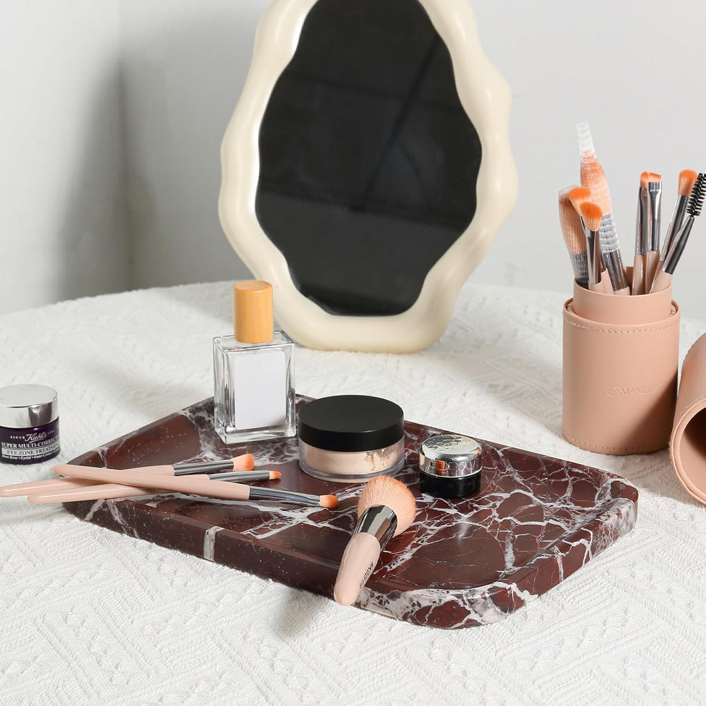 Marble Vanity Tray, 11.8in Stone Bathroom Tray for Countertop, Red Decorative Tray for Dresser Organizer, Luxury Serving Tray for Kitchen, Storage Dish for Kitchen Sink, Perfume, Jewelry Holder