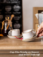 Gomakren 2.5 Ounce Espresso Cups Set of 4, Small Stackable Coffee Cups with Saucers and Metal Stand, Porcelain Demitasse Cups for Specialty Coffee Drinks, Espresso, Cappuccino, Latte, Tea, White