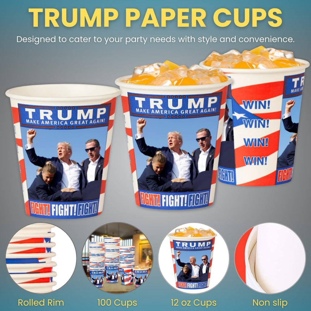 Smygoods Trump Design Disposable Paper Coffee Cups (12 OZ, 100 Count) For Hot Beverages, Tea, Espresso, Cocoa - To Go Drink Containers, Café & Office