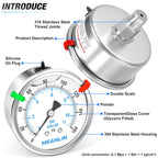 MEANLIN MEASURE 0~160Psi Stainless Steel Liquid Filled Pressure Gauge 2.5"FACE DIAL 1/4"NPT for Air Compressor RV Regulator Water Pressure Tester Back Mount with Stainless Steel Hex Bushing and Snaps