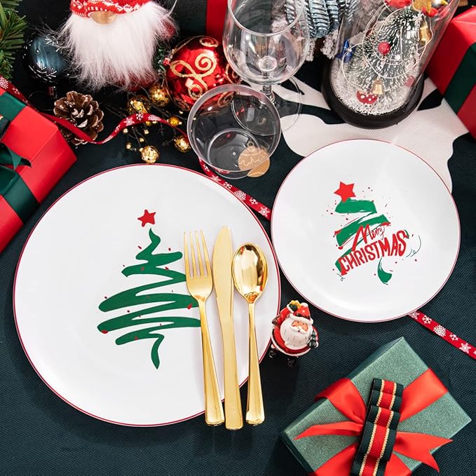 KIRE 25 Guest Christmas Plates - White & Green Tree Plastic Plates & Gold Disposable Utensils & Clear Gold Cups for Christmas Parties