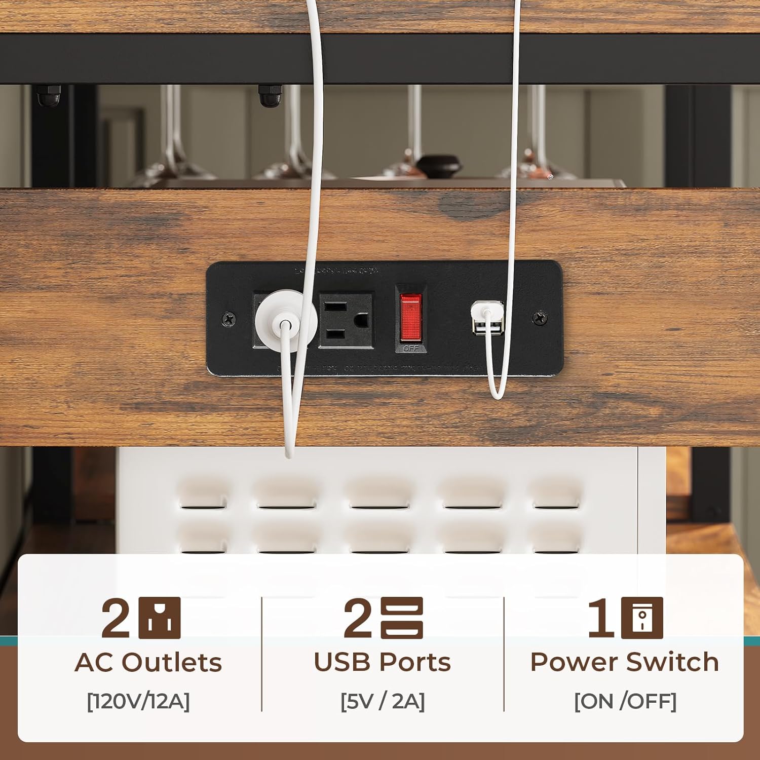 Itaar Bakers Rack with Power Outlet and LED Light, 45.3 Inch Farmhouse Coffee Bar Cabinet, Kitchen Microwave Stand with Storage, Glass Cabinet, Goblet Holder and 8 Hooks (Rustic Brown)