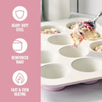 GreenLife 12-Cup Muffin Pan, Healthy Ceramic Nonstick Bakeware, PFOA & PFAS-Free Cupcake Sheet, Durable, Versatile Kitchen Essentials, Easy Clean Muffin Mold, Pink