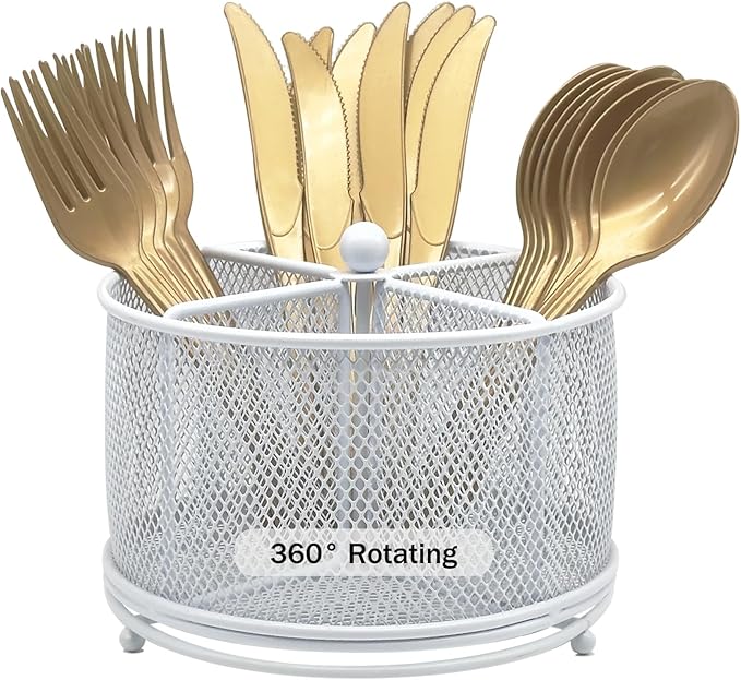 360° Rotating Metal Utensil Caddy - 4 Compartment Silverware Cutlery Holder Rotation Fork Spoon Napkin Organizer Flatware Storage Basket Party Countertop Buffet Picnic Camping Outdoor White