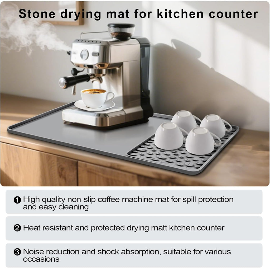 Silicone Coffee Bar Mat 24''x16'' Non-Slip Coffee Maker Mat, Heat-resistant Silicone Mat Detachable Dish Drying Mats for Kitchen Countertops, Waterproof Under Pad (Grey, 24''x16'')