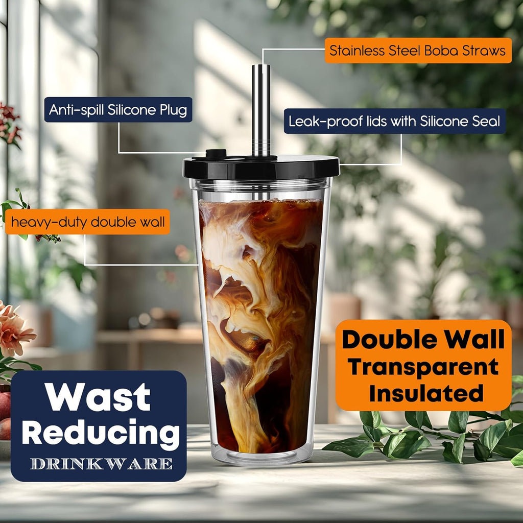 ALINK Reusable Iced Coffee Cup with Lid and Straw, 24 oz Boba Tea Smoothie Cup, Leak Proof Double Wall Insulated Iced Coffee Tumbler for Hot Cold Drinks, Bubble Tea, With 2 Boba Straws 1 Brush