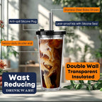 ALINK Reusable Iced Coffee Cup with Lid and Straw, 24 oz Boba Tea Smoothie Cup, Leak Proof Double Wall Insulated Iced Coffee Tumbler for Hot Cold Drinks, Bubble Tea, With 2 Boba Straws 1 Brush