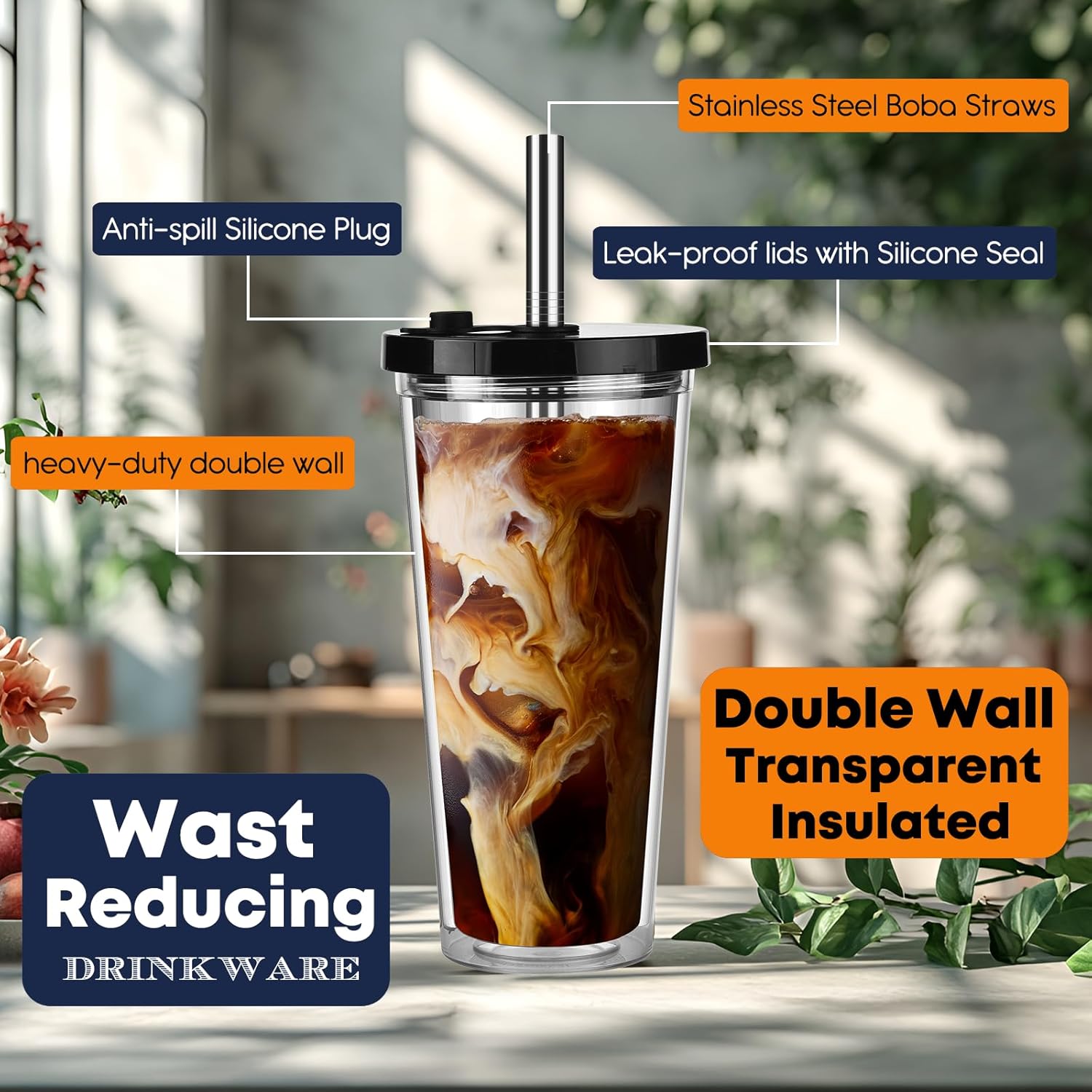 ALINK Reusable Iced Coffee Cup with Lid and Straw, 24 oz Boba Tea Smoothie Cup, Leak Proof Double Wall Insulated Iced Coffee Tumbler for Hot Cold Drinks, Bubble Tea, With 2 Boba Straws 1 Brush