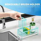 Cisily Turquoise Sponge Holder for Kitchen Sink, Sink Caddy Organizer with High Brush Holder, Kitchen Countertop Organizers and Storage Essentials, Rustproof 304 Stainless Steel, Soap Dispenser