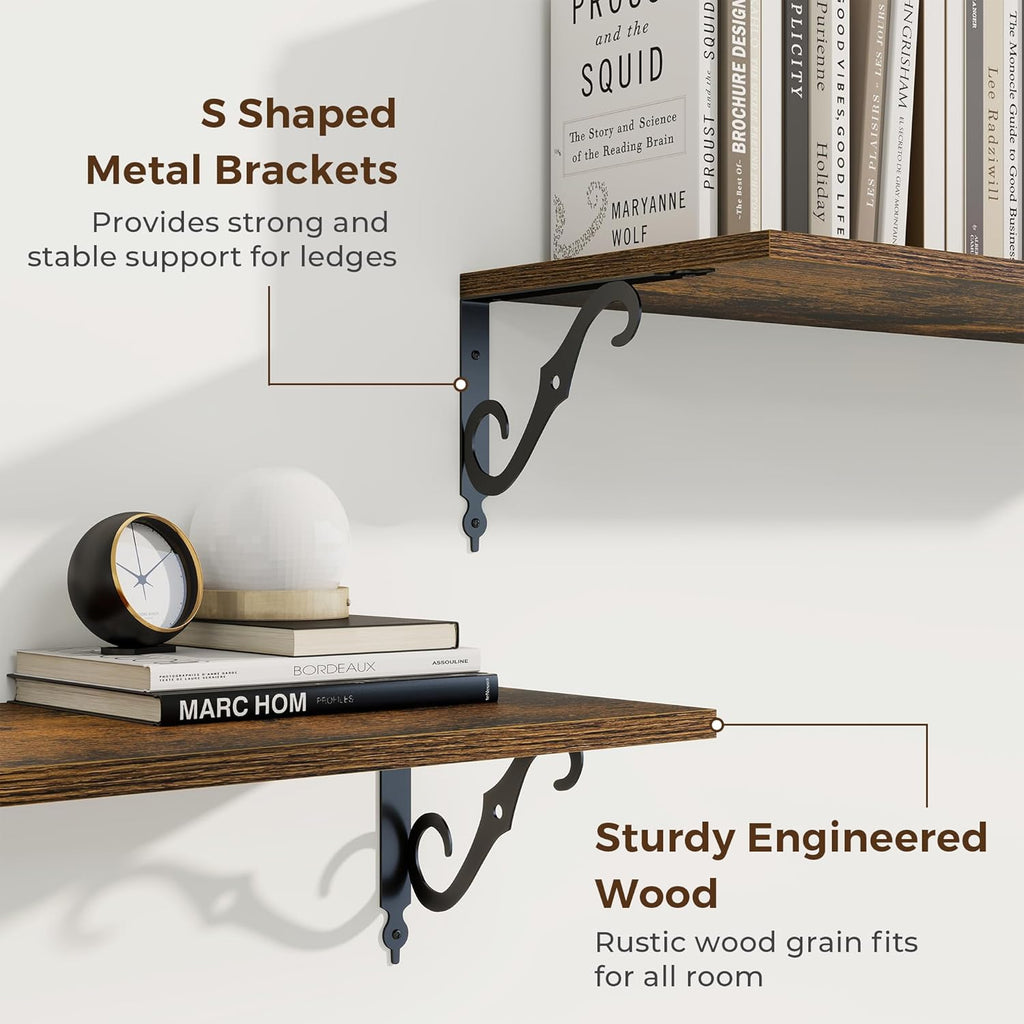 RICHFOCUS 12 Inch Deep Floating Shelves for Wall, 16" W x 12" D Wood Wall Shelves Set of 2, Wide Floating Shelves for Living Room, Bedroom, Kitchen, Bathroom and Decor Storage, Rustic Brown