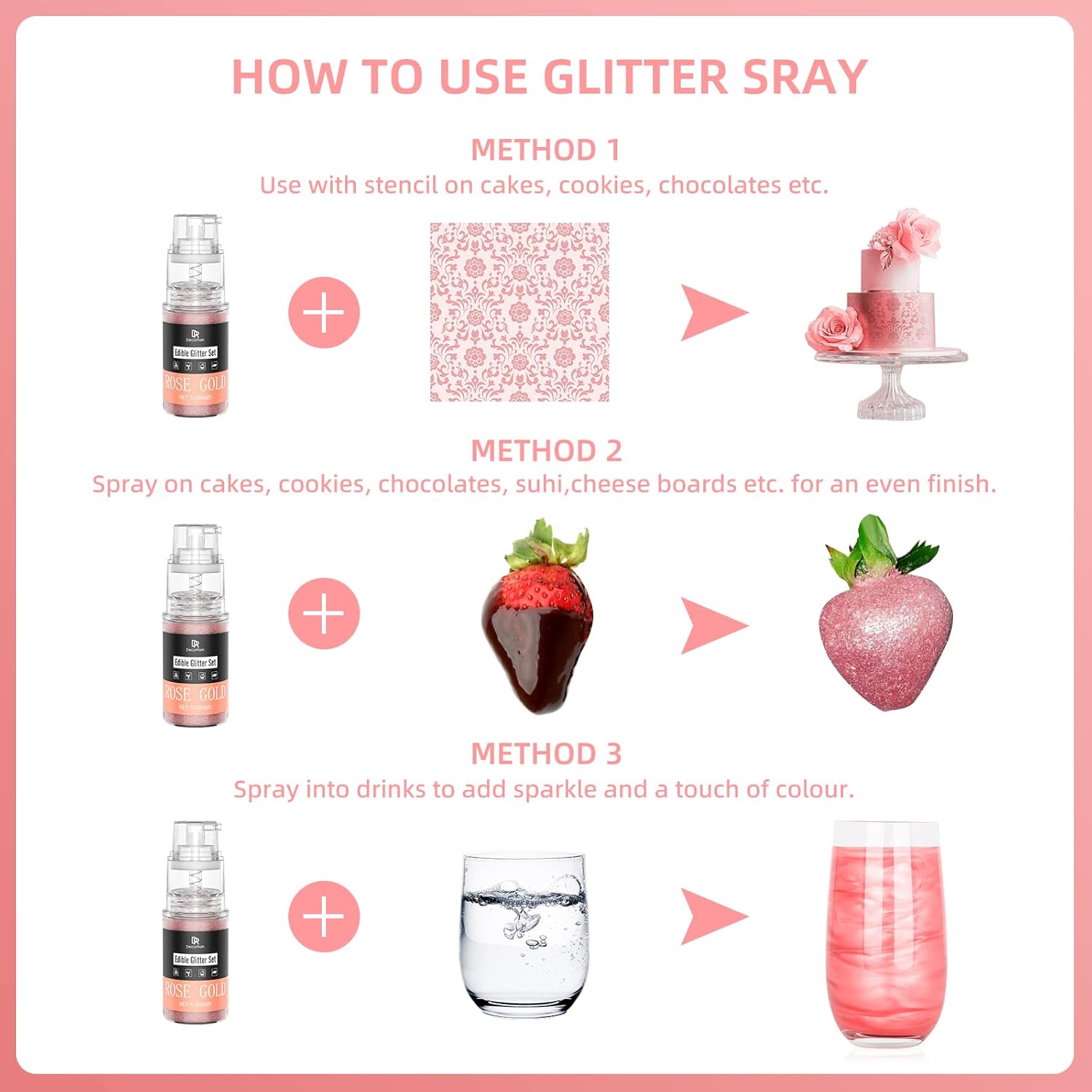 Edible Glitter Spray - 3/4oz Luster Dust Edible Food Grade Glitter Shimmer Dust Powder for Cocktails, Drinks, Cake Decorating - Metallic Food Coloring Powder for Wine, Candy, Cookie, Icing (Rose Gold)