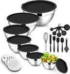 E-far Mixing Bowls with Lids Set, 21PCS Stainless Steel Salad Mixing Bowls with 3 Grater Attachments, Size 7, 4.6, 3.5, 2.6, 2, 1.5, 1QT, Nesting Design & Black Airtight Lid, For Baking/Prepping