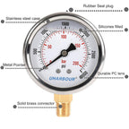 Glycerin Filled Pressure Gauge 3000psi/200bar, Stainless Steel case, Brass Inside Construction, 2-1/2" dial, 1/4" NPT Rear Connection.