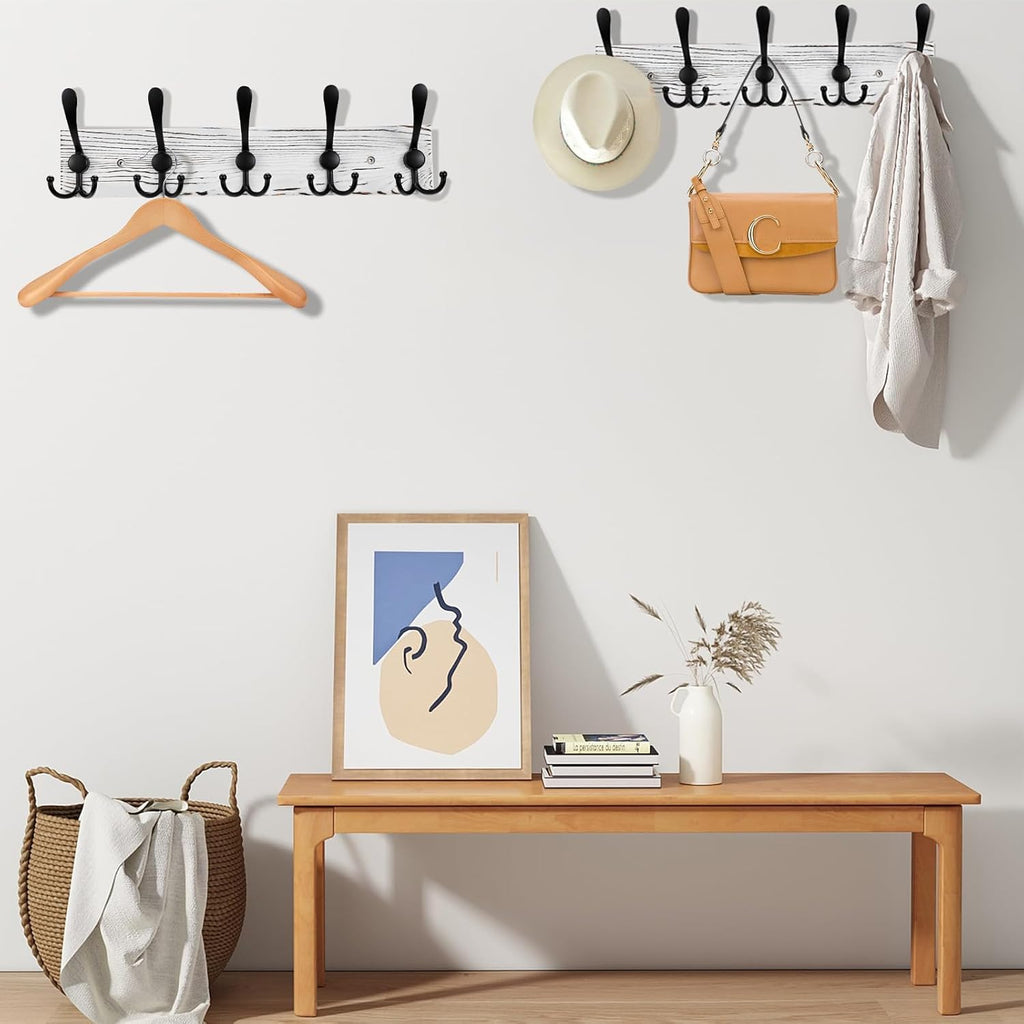 Coat Rack Wall Mount Wooden Hat Rack for Wall Hooks Pine Real Wood Plank 16.9" White Coat Hanger with 5 Black Triple Hooks for Hanging Coat Hat Jacket