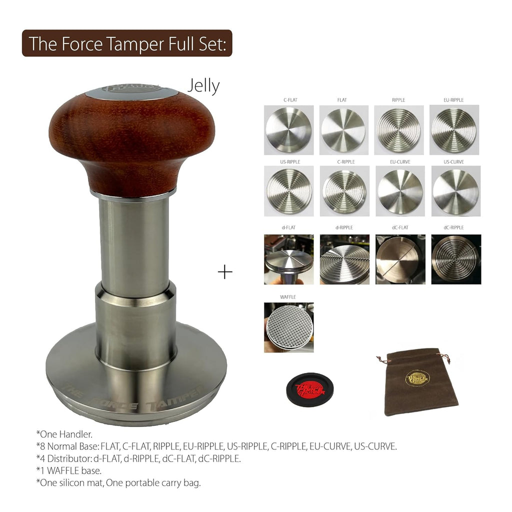 The Force Tamper Automatic Impact Adjustable Constant Pressure and Autoleveling Coffee Tamper Reddish Brown Jellyfish Wooden Handle Set Pro (Full-Set, 58.50mm)