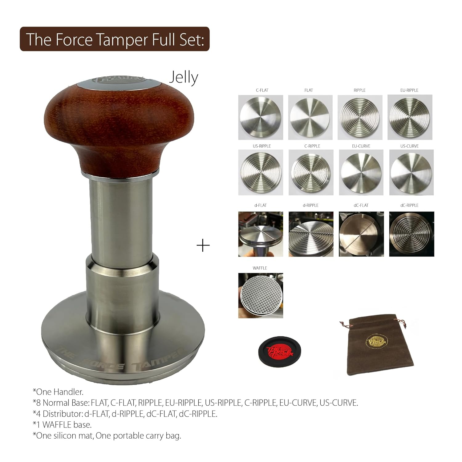 The Force Tamper Automatic Impact Adjustable Constant Pressure and Autoleveling Coffee Tamper Reddish Brown Jellyfish Wooden Handle Set Pro (Full-Set, 58.50mm)